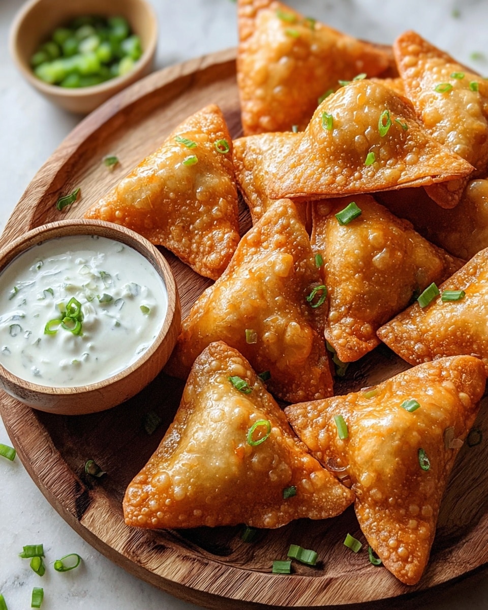 A round wooden board holds a pile of golden, crispy triangular samosas, each with a bubbly, fried texture and small green onion pieces sprinkled on top. To the left on the board, there is a small bowl filled with white creamy dipping sauce garnished with more chopped green onions. The background and surface feature a white marbled texture, adding a clean, simple look that contrasts with the warm, golden tones of the samosas. photo taken with an iphone --ar 4:5 --v 7