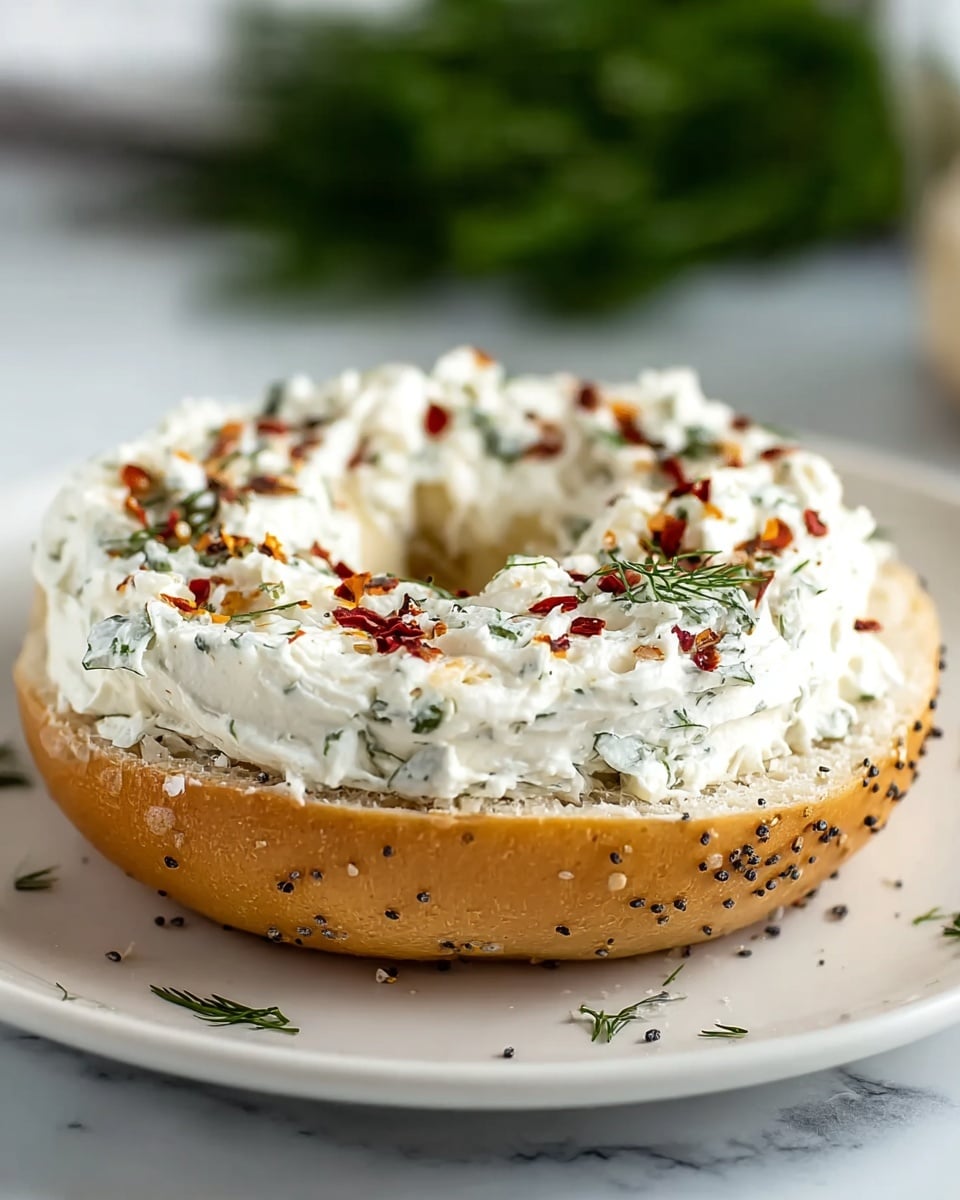 A single sliced poppy seed bagel sits on a white plate over a white marbled background, topped thickly with a creamy white spread mixed with visible green herbs. The creamy layer is sprinkled with small pieces of red chili flakes and fresh dill, adding bright red and green specks on the soft textured white cream cheese. The bagel’s interior shows a soft, airy texture while its outside edge is golden brown with black poppy seeds scattered around. The photo is sharply focused on the bagel center with a blurred green herb bunch in the background. photo taken with an iphone --ar 4:5 --v 7