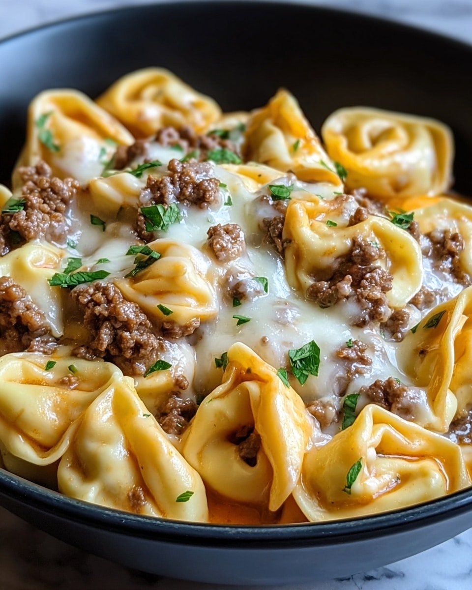 A close-up view of a black bowl filled with three layers of creamy pasta tortellini coated in a light orange sauce. The first layer shows the smooth, folded, pale-yellow tortellini pasta with a glossy texture. The second layer is scattered with small chunks of cooked ground beef that are dark brown and crumbly. The third layer on top is melted white cheese with a soft and stretchy texture, garnished with small bright green parsley leaves for color contrast. The bowl is set on a white marbled texture. photo taken with an iphone --ar 4:5 --v 7