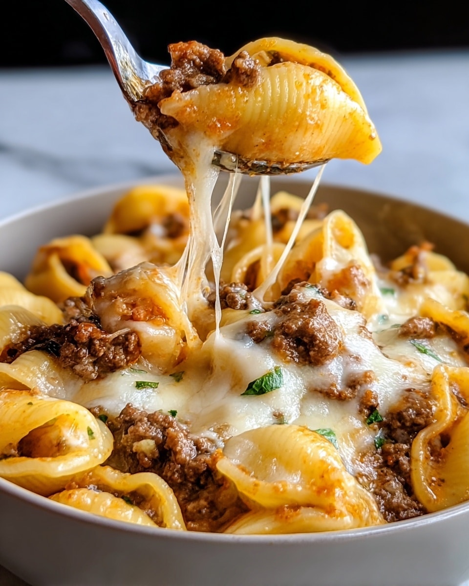 A close-up view of a cheesy pasta dish in a white bowl, showing two layers: the bottom layer has large pasta shells with a smooth, yellowish cheese sauce and small bits of cooked ground beef with brown color, and the top layer is melted white cheese stretching as a spoon lifts a portion from the bowl. The pasta shells are slightly glossy, and small green herb bits are sprinkled on top, all set against a white marbled background. photo taken with an iphone --ar 4:5 --v 7