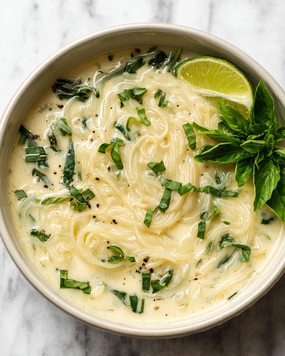 A bowl of creamy white soup with thin noodles layered throughout, some swirling gently in the liquid. Bright green leafy pieces and small chopped green herbs are scattered on top and within the soup. A wedge of light green lime and a small bunch of fresh basil leaves rest on one side, adding vibrant color contrast. The soup surface shows tiny black pepper specks. The bowl is a simple white ceramic, placed on a white marbled texture. photo taken with an iphone --ar 4:5 --v 7