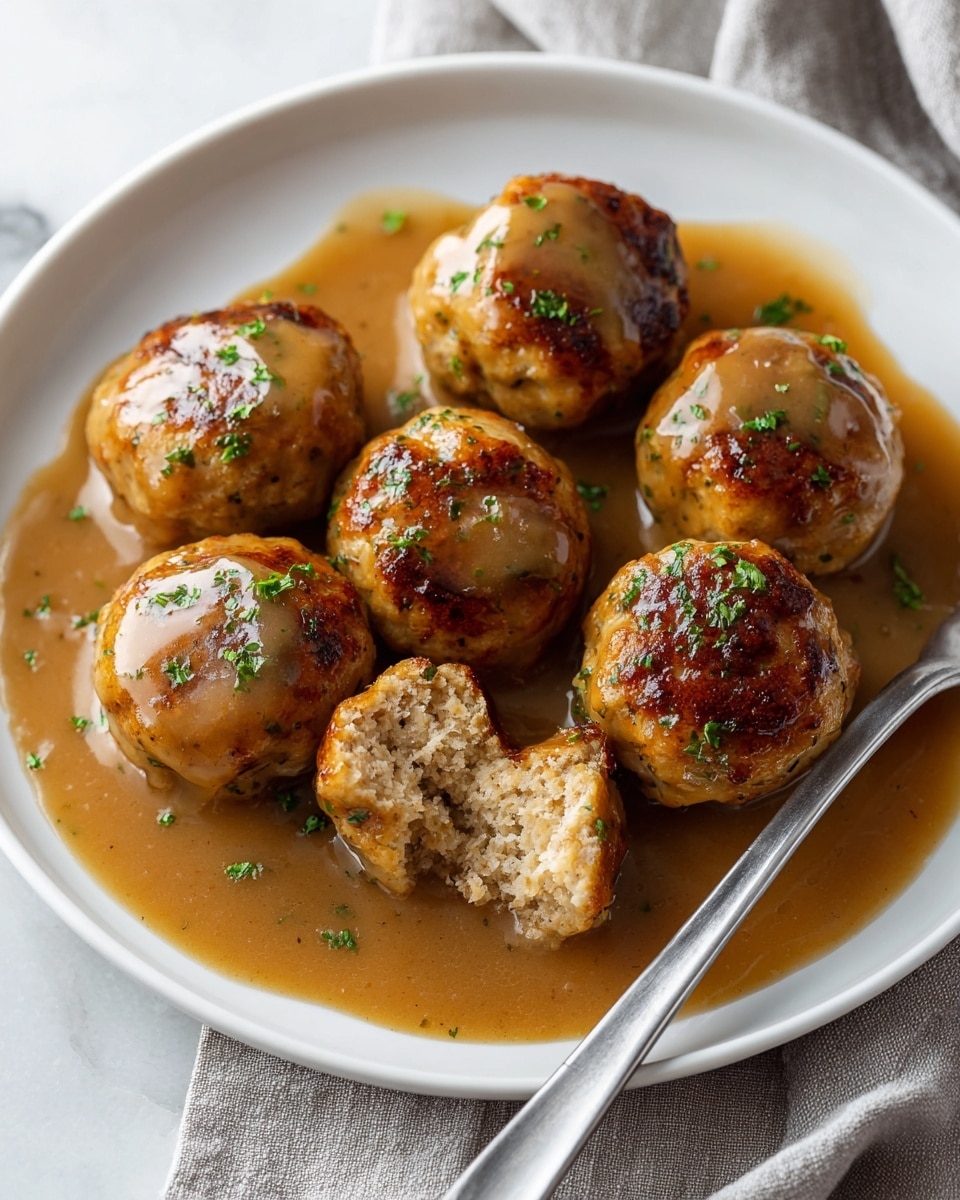A white plate holds seven golden-brown meatballs covered in smooth brown gravy, with small green herb pieces scattered over them. One meatball is cut open showing a light, crumbly inside texture and rests on a silver fork at the front of the plate. The thick gravy pool covers the bottom of the plate, contrasting with the crispy browned spots on the meatballs. The scene is set on a white marbled surface with a light gray cloth nearby. Photo taken with an iphone --ar 4:5 --v 7
