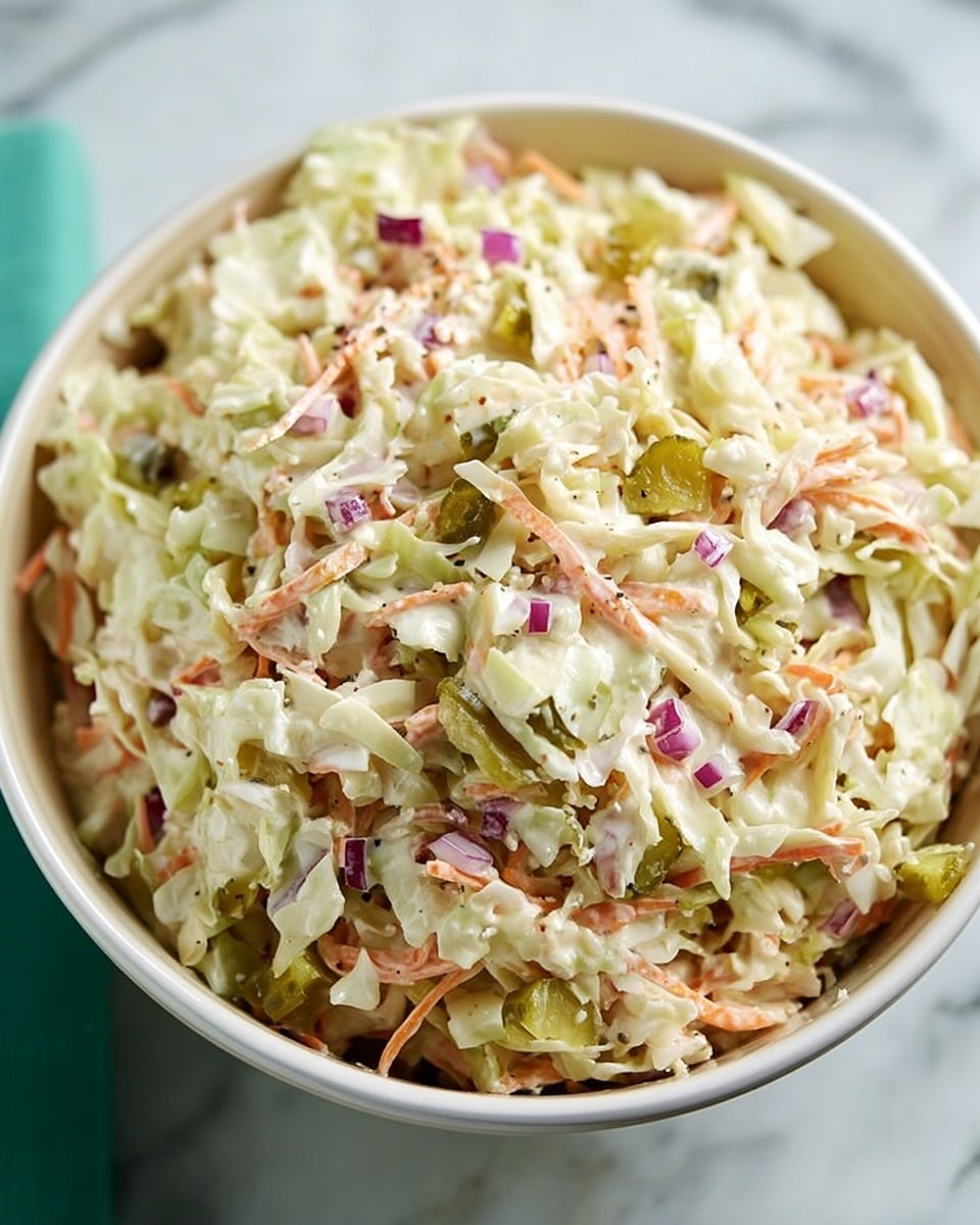 A large white bowl filled with a creamy coleslaw salad sits on a white marbled surface. The salad has finely shredded pale green cabbage as the main layer, mixed with thin orange carrot strips, small red onion shreds, and small green pickle pieces scattered throughout. The salad looks moist and creamy, with a soft texture from the dressing that lightly coats all the ingredients. The bowl is full, showing the salad piled high with a slightly uneven, natural surface. photo taken with an iphone --ar 4:5 --v 7
