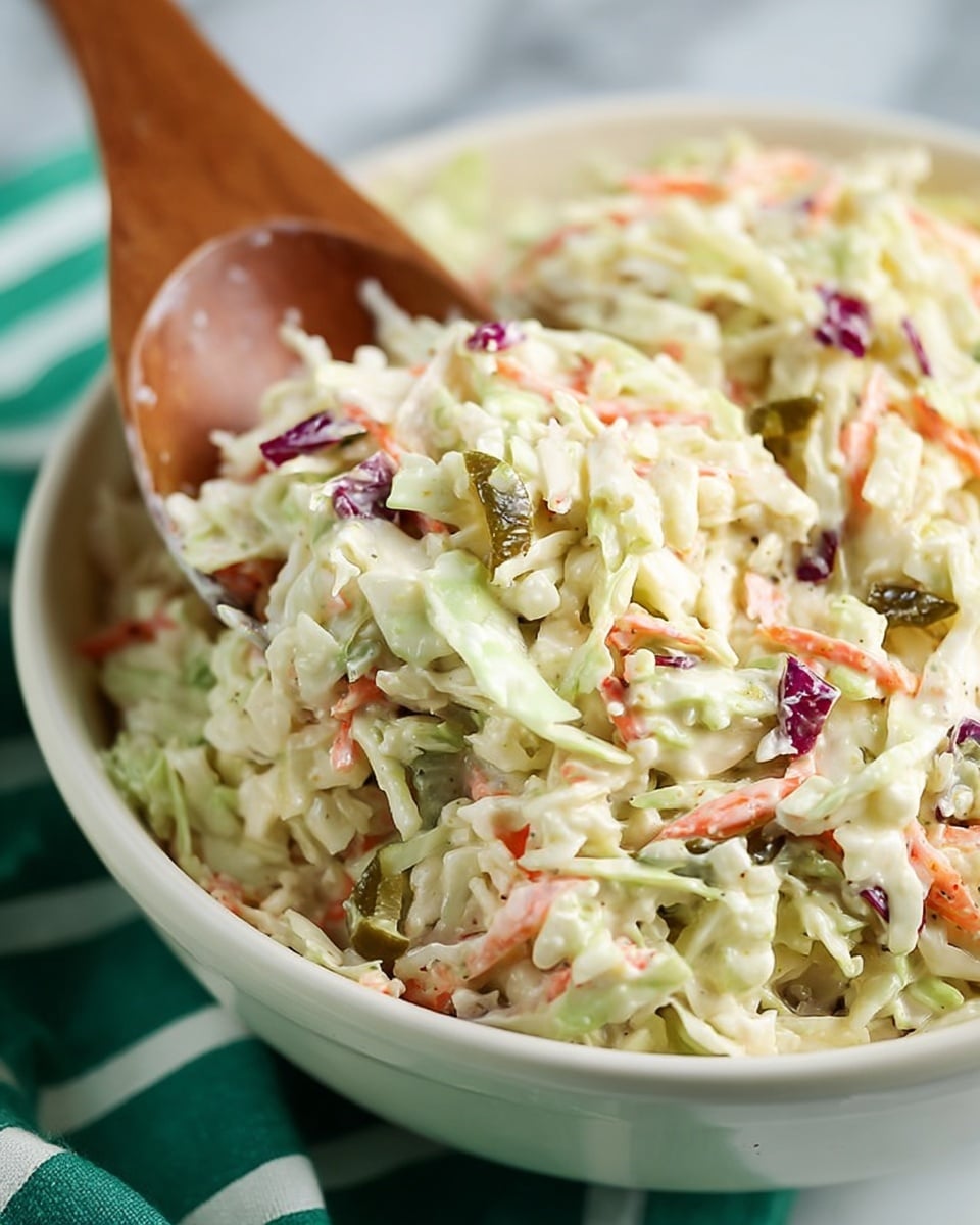 A close-up view of a white bowl filled with creamy coleslaw, showing three layers of ingredients mixed together: shredded light green cabbage, thin orange carrot strips, and small pieces of dark green pickles, with occasional bits of purple cabbage and red pepper scattered throughout; a wooden spoon is partially inserted on the right side, lifting a portion of the coleslaw. The bowl is set on a white marbled surface with a green and white striped cloth partially visible underneath. photo taken with an iphone --ar 4:5 --v 7