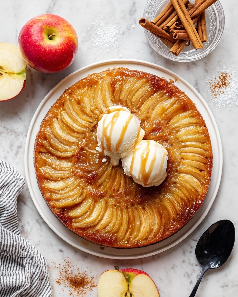 A round upside-down apple cake with a golden-brown caramelized top layer showing thin, glossy apple slices arranged in a fan pattern from the outer edge to the center, sitting on a white plate. Two scoops of white ice cream topped with a drizzle of caramel sauce sit in the middle of the cake. Around the plate are a halved apple with its light cream flesh and red skin, a whole red and yellow apple, a glass filled with cinnamon sticks, a small pile of cinnamon sticks on the white marbled surface, and a black spoon with some white sauce inside. A striped cloth is partially visible on the corner. Photo taken with an iphone --ar 4:5 --v 7
