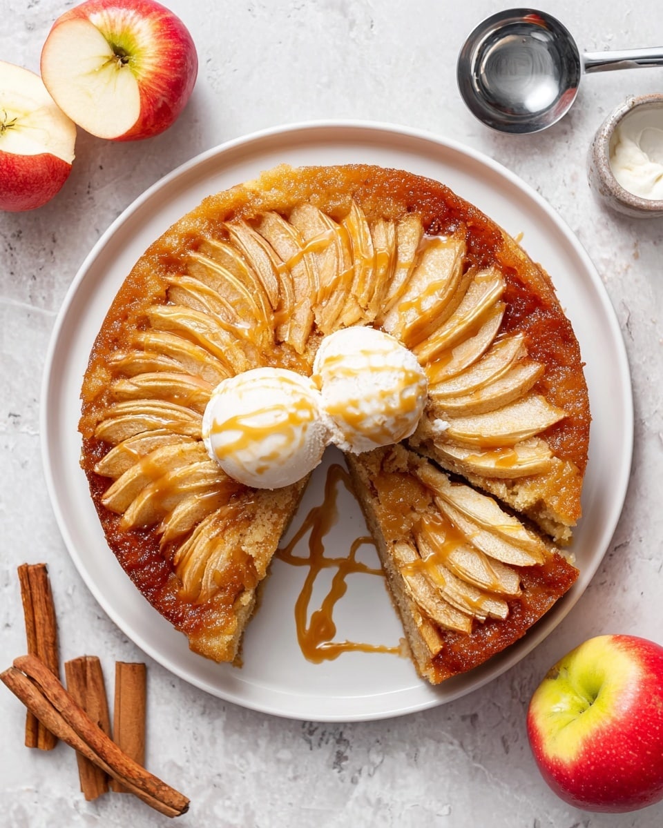 The image shows a round upside-down apple cake on a white plate, with a slice removed showing the soft, light brown cake layer beneath. The top layer has arranged thin apple slices baked in a caramel glaze, giving a shiny golden-brown color. Two scoops of melting vanilla ice cream sit on the center of the cake with a drizzle of caramel sauce on top, adding creamy white and deep amber colors. Around the plate, there are two halves of a red and yellow apple, some cinnamon sticks, a metal spoon with a white sauce, and a whole apple, all set on a white marbled surface. photo taken with an iphone --ar 4:5 --v 7