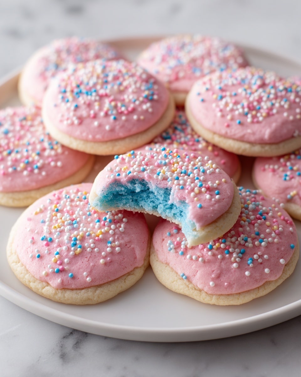 A white plate holds ten round cookies, each with a smooth, pink top layer covered in small white, blue, and yellow round sprinkles. The outer edge of the cookies is pale pink, creating a subtle gradient from the center. One cookie near the middle has a bite taken out, revealing a bright blue, soft inside with a slightly crumbly texture. The plate sits on a white marbled surface. photo taken with an iphone --ar 4:5 --v 7
