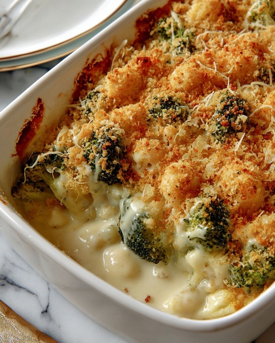 The image shows a close-up of a serving of creamy cauliflower and broccoli bake on a white plate, with a silver fork placed behind the food. The dish has two main layers: the bottom layer includes soft, white cauliflower florets mixed with green broccoli pieces, all coated in a thick, smooth, light yellow cheese sauce. The top layer is slightly browned and bubbly, with bits of cauliflower showing a golden, crispy texture. The background has a white marbled texture, and the scene captures the comfort and warmth of the creamy baked vegetables. Photo taken with an iphone --ar 4:5 --v 7