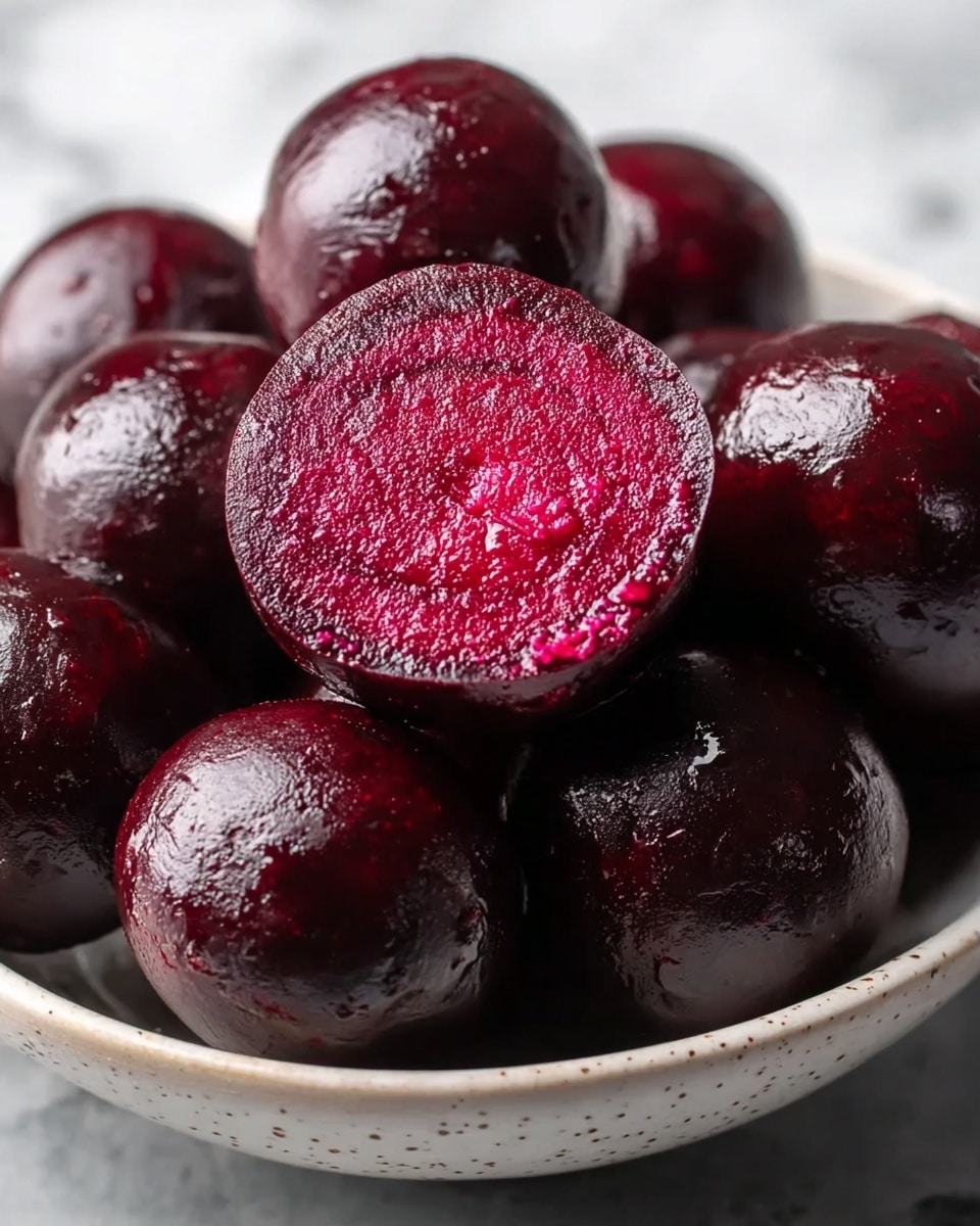 A close-up view shows a bowl full of round, dark red beetroot balls with a shiny, wet surface texture. One beetroot ball is cut in half and placed on top, revealing a bright magenta inside with a slightly rough, fresh texture. The bowl is white with a subtle speckled pattern, and the background is a soft white marbled texture. Photo taken with an iphone --ar 4:5 --v 7