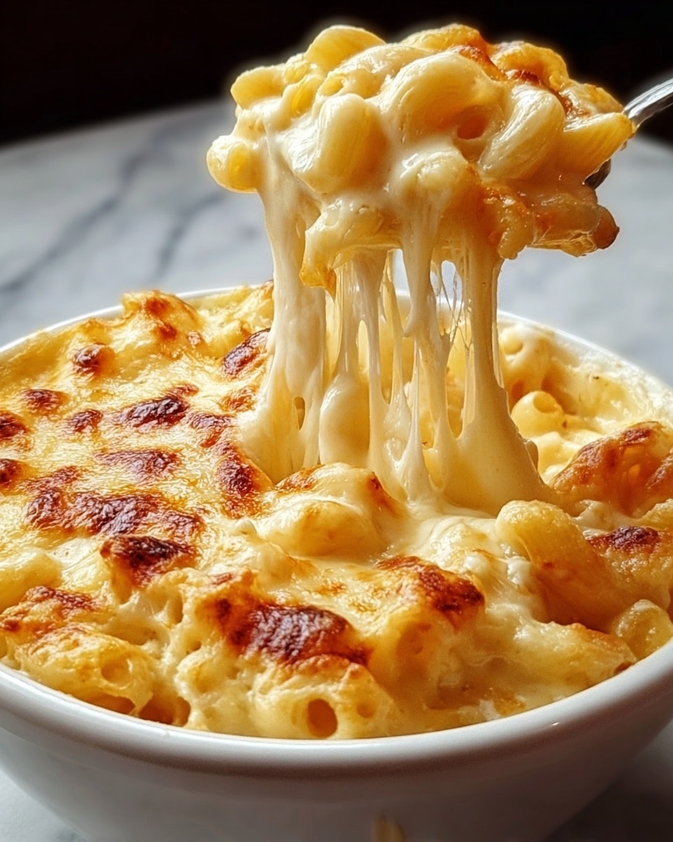 This image shows a white bowl filled with baked macaroni and cheese. The dish has one thick layer of golden melted cheese covering soft, tubular macaroni pasta underneath. The top cheese layer is bubbly and slightly browned in spots, with gooey cheese strands stretching from the bowl to a scoop of macaroni held above it. The macaroni is a light yellow and coated in creamy melted cheese, creating a rich and smooth texture. The bowl sits on a white marbled surface. photo taken with an iphone --ar 4:5 --v 7