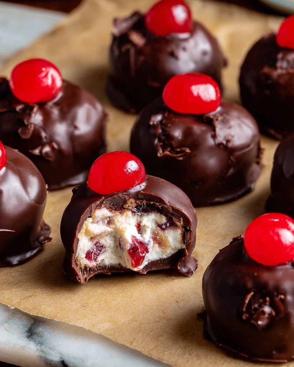 A close-up of round chocolate-covered treats arranged on brown parchment paper over a white marbled surface. Each piece has three visible layers: the outer layer is smooth, dark brown chocolate with a slightly glossy and textured surface; beneath it, a soft, white creamy filling with bits of red and light tan is visible, shown clearly in one piece that has a bite taken out of it; on top of each treat, there is a shiny, bright red cherry piece adding a pop of color. The treats are positioned close together in an uneven cluster. photo taken with an iphone --ar 4:5 --v 7