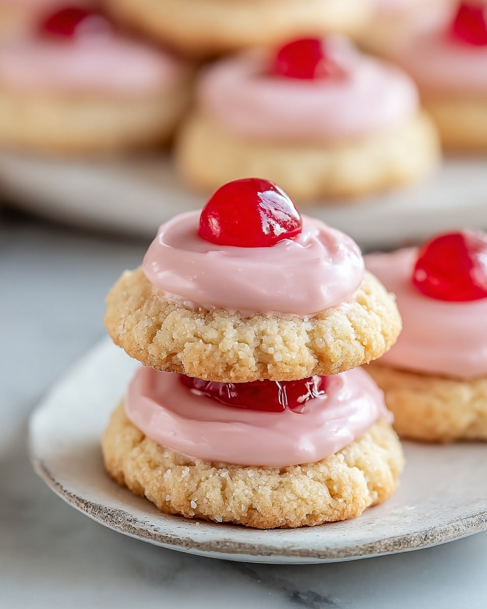 The image shows a close-up of a stack of three round cookies, each with a crumbly, light beige texture. Between the cookies, there is a layer of smooth, light pink frosting that looks creamy and glossy. On top of each cookie, there is a shiny, bright red cherry or similar fruit, which sits in the middle of the pink frosting. The cookies are arranged on a white plate with a rough edge, placed on a white marbled surface. In the background, there are more cookies with the same layers slightly blurred. photo taken with an iphone --ar 4:5 --v 7
