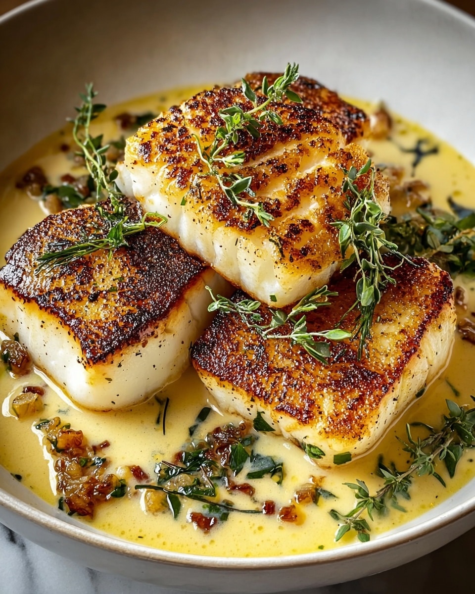 Three thick, golden-brown seared fish fillets with visible char marks sit on top of each other in the center of a round white bowl. The fish has a slightly crispy texture with green herb leaves sprinkled on top. The fillets rest in a creamy, pale yellow sauce with visible sautéed garlic cloves and small brown bits, likely spices or toasted garlic. Around the fish are fresh green herb sprigs adding contrast. The background features a white marbled texture. photo taken with an iphone --ar 4:5 --v 7