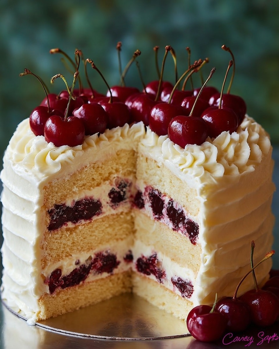 The cake has three layers of light yellow sponge, each separated by thick white cream mixed with dark red cherry filling, creating a rich texture in the middle. The outside is coated with smooth white frosting, softly textured with a swirled pattern. The top is decorated with many shiny whole dark red cherries with thin stems placed close together. The cake sits on a reflective surface, with a blurred green background behind it. Photo taken with an iphone --ar 4:5 --v 7