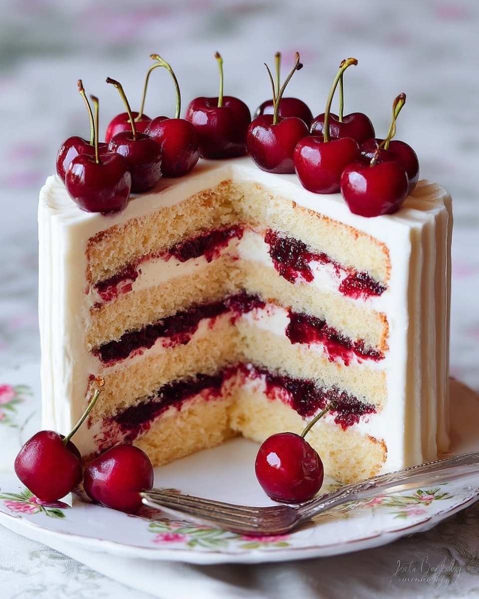 A four-layer vanilla cake is shown with each layer separated by white cream and bright red cherry filling, creating a clear contrast between the light cake and the dark fruit spread. The outside is covered with smooth white frosting with slight ridges, and the top is decorated with a neat row of shiny, deep red cherries with stems. The cake slice is placed on a white plate with a floral edge design, resting on a white marbled surface. A silver fork lies beside the cake with two cherries next to it. Photo taken with an iphone --ar 4:5 --v 7