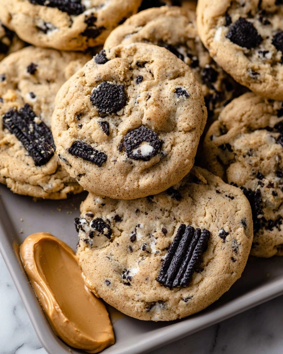 A close-up view of a tray filled with several soft, thick cookies speckled with large and small chunks of black and white cookie pieces. The cookies are light golden brown with a slightly cracked surface, showing a chewy texture. The tray has a few cookies overlapping each other, and one cookie in the front center is more prominent with visible cookie chunk details. On the left side of the tray, there is a smooth dollop of caramel-colored peanut butter. The tray rests on a white marbled surface. photo taken with an iphone --ar 4:5 --v 7