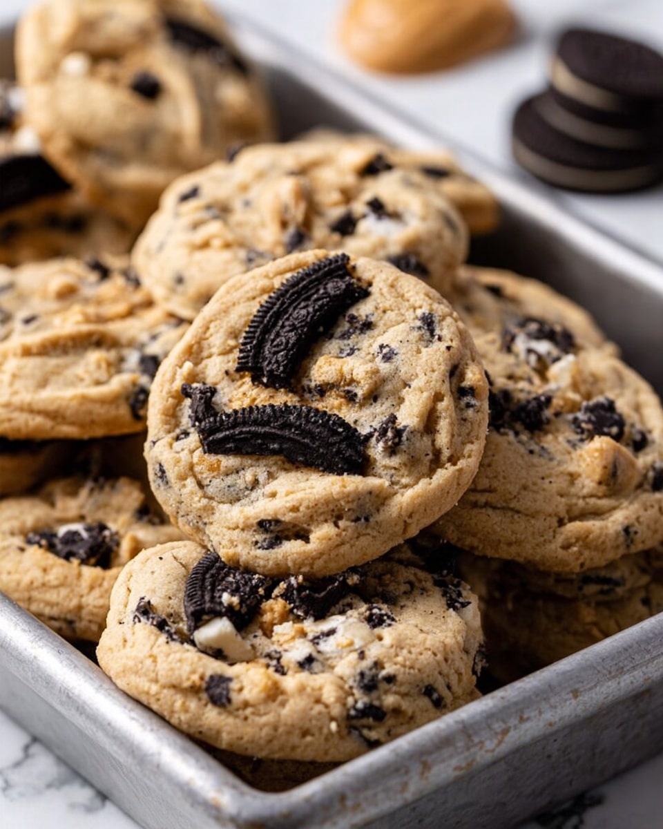 A close-up of a tray filled with multiple thick cookies that have a light golden-brown color and a soft, crumbly texture. Each cookie is embedded with chunks of dark chocolate sandwich cookies with white cream, creating a contrast of black and cream spots against the golden cookie dough. The cookies are piled slightly on top of one another inside a metal baking tray. The background shows a blurred white marbled surface with small dark chocolate sandwich cookies and a small dollop of light brown peanut butter visible at the edge of the frame. Photo taken with an iphone --ar 4:5 --v 7