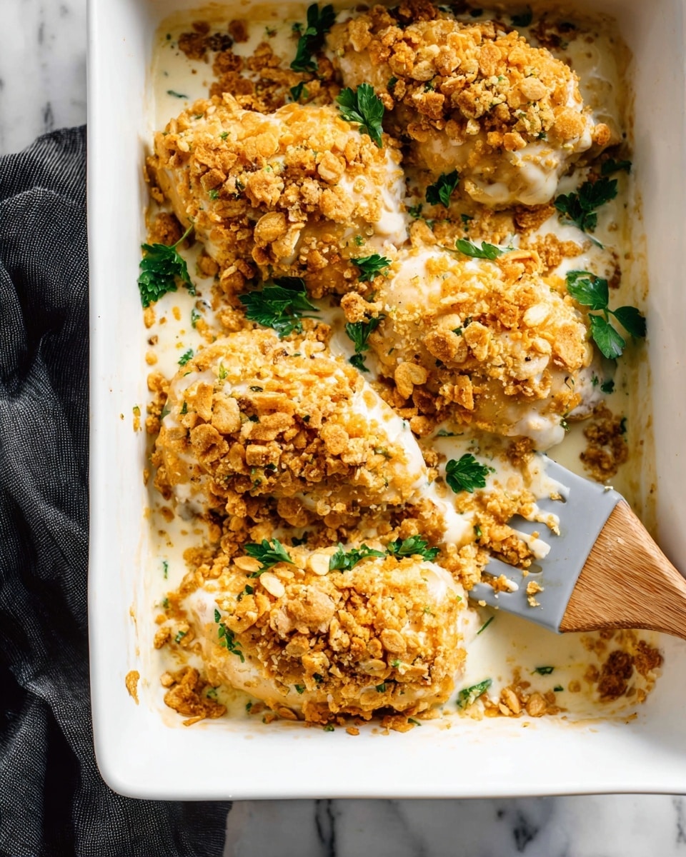 A white rectangular casserole dish filled with five pieces of baked chicken, each coated with a thick, creamy white sauce and topped with a golden-brown crunchy layer of crushed crackers. The chicken pieces show a mix of soft, melted cheese and chunky cracker crust that is uneven but well browned. Some fresh green parsley leaves are tucked between the chicken pieces. One piece is being lifted with a spatula that has a light wooden handle and gray silicone head. The background is a white marbled surface, showing part of a dark cloth on the left side. Photo taken with an iphone --ar 4:5 --v 7