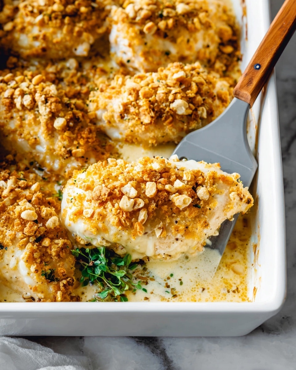 A close-up view of a white rectangular baking dish filled with six pieces of chicken covered in three layers: a creamy white sauce layer closest to the dish, topped with a thick, melted pale-yellow cheese layer, and finished with a golden-brown, crunchy cracker crumb topping that adds texture. One piece of chicken is being lifted by a spatula with a gray head and wooden handle, showing the thick cheese and crumb layers with a slight toasted color. A small green herb garnish is seen peeking from beneath the chicken, all set on a white marbled surface. Photo taken with an iphone --ar 4:5 --v 7