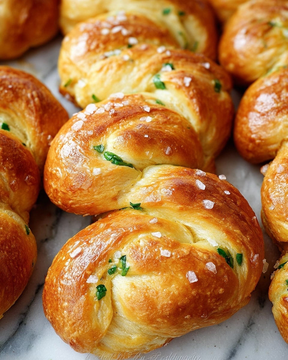This image shows a close-up view of several soft, golden-brown bread rolls twisted in shape and baked to a glossy finish. Each roll has three visible layers with a light, fluffy texture inside and a thin, shiny crust outside. Small bits of green herbs peek through the bread dough, adding contrast to the warm yellow and light brown colors. Coarse salt crystals are scattered on top of the rolls, giving a slightly rough texture to the surface. The rolls are placed close together on a white marbled texture. photo taken with an iphone --ar 4:5 --v 7