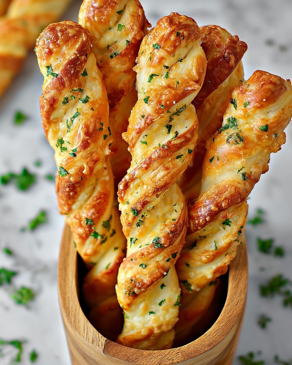 The image shows several golden brown twisted breadsticks standing upright in a small wooden basket. Each breadstick has multiple visible layers with a shiny, crispy texture, sprinkled with melted cheese that has browned in spots. Bright green parsley flakes are scattered over the breadsticks, adding contrast to the warm tones. The basket is placed on a white marbled surface with some scattered parsley around, creating a fresh and inviting look. photo taken with an iphone --ar 4:5 --v 7
