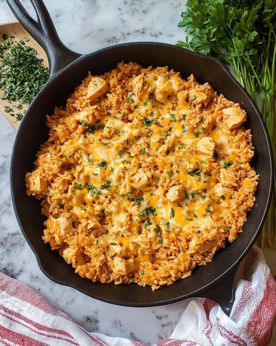 A black skillet filled with one main layer of orange-colored rice mixed with small chunks of cooked chicken and bits of melted yellow and white cheese scattered evenly on top. Small green herb pieces are sprinkled over the dish, adding a touch of color. The skillet is placed on a white marbled surface with some green herbs and a folded striped cloth nearby. Photo taken with an iphone --ar 4:5 --v 7