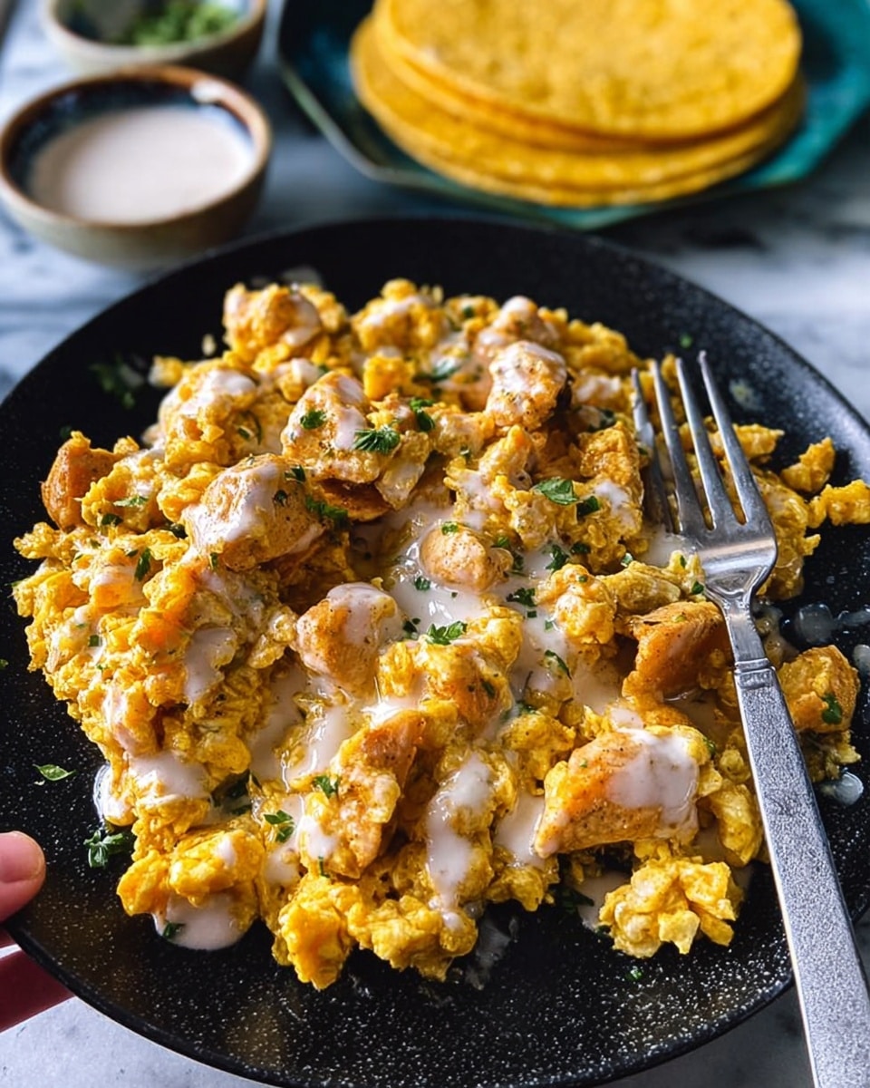 A close-up of a black plate filled with a textured yellow dish that looks like scrambled eggs mixed with small pieces of cooked chicken, all drizzled with a light cream sauce and sprinkled with small green herbs. A silver fork rests on the edge of the plate. In the background, two yellow corn tortillas and a small white bowl with a white sauce sit on a white marbled surface. A woman's hand is visible in the lower-left corner holding the plate photo taken with an iphone --ar 4:5 --v 7