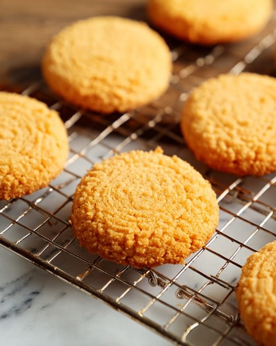 The image shows several round, golden-brown cookies with a crumbly texture resting on a shiny metal wire cooling rack. Each cookie has a slightly uneven surface with small crumbs, and many have a pattern of faint fork marks on top. The cookies appear soft with a slightly crunchy outer layer. The cooling rack sits on a white marbled surface, giving a clean and bright background to the warm-toned cookies. Photo taken with an iphone --ar 4:5 --v 7