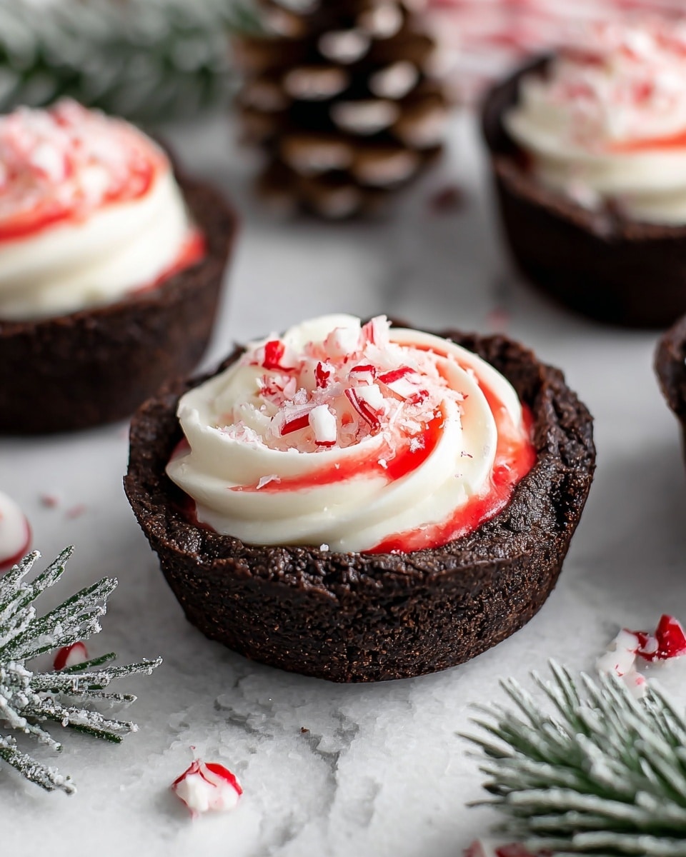 The image shows small dark brown brownie cups with deep, thick walls forming the base layer, filled with creamy, white whipped topping swirled with a thin layer of red sauce on top. The whipped topping is smooth and fluffy, while some crushed candy cane pieces in white and red are sprinkled over the surface. The brownie cups are placed on a white marbled texture with scattered pine cones and frosted greenery nearby, adding a festive touch. The overall look is rich, textured, and colorful in contrast with the dark brownies and bright red and white toppings. photo taken with an iphone --ar 4:5 --v 7