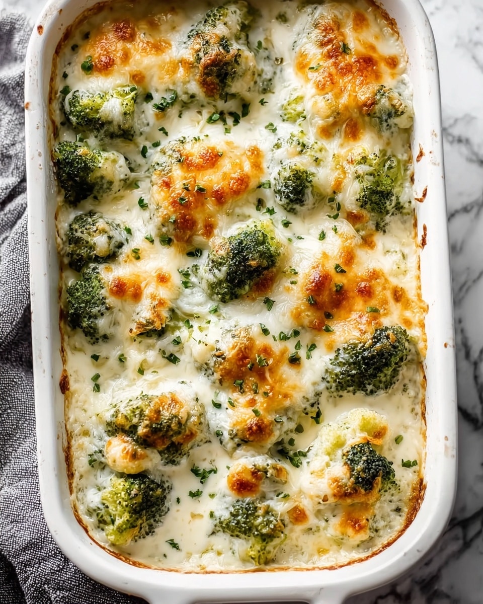 A white rectangular baking dish filled with a broccoli and cheese casserole featuring broccoli florets covered in a thick, creamy white cheese sauce topped with melted, golden-brown cheese spots creating a bubbly textured surface, garnished with small green herb leaves scattered evenly across the top; the dish sits on a white marbled surface with part of a grey cloth visible on the left side. photo taken with an iphone --ar 4:5 --v 7