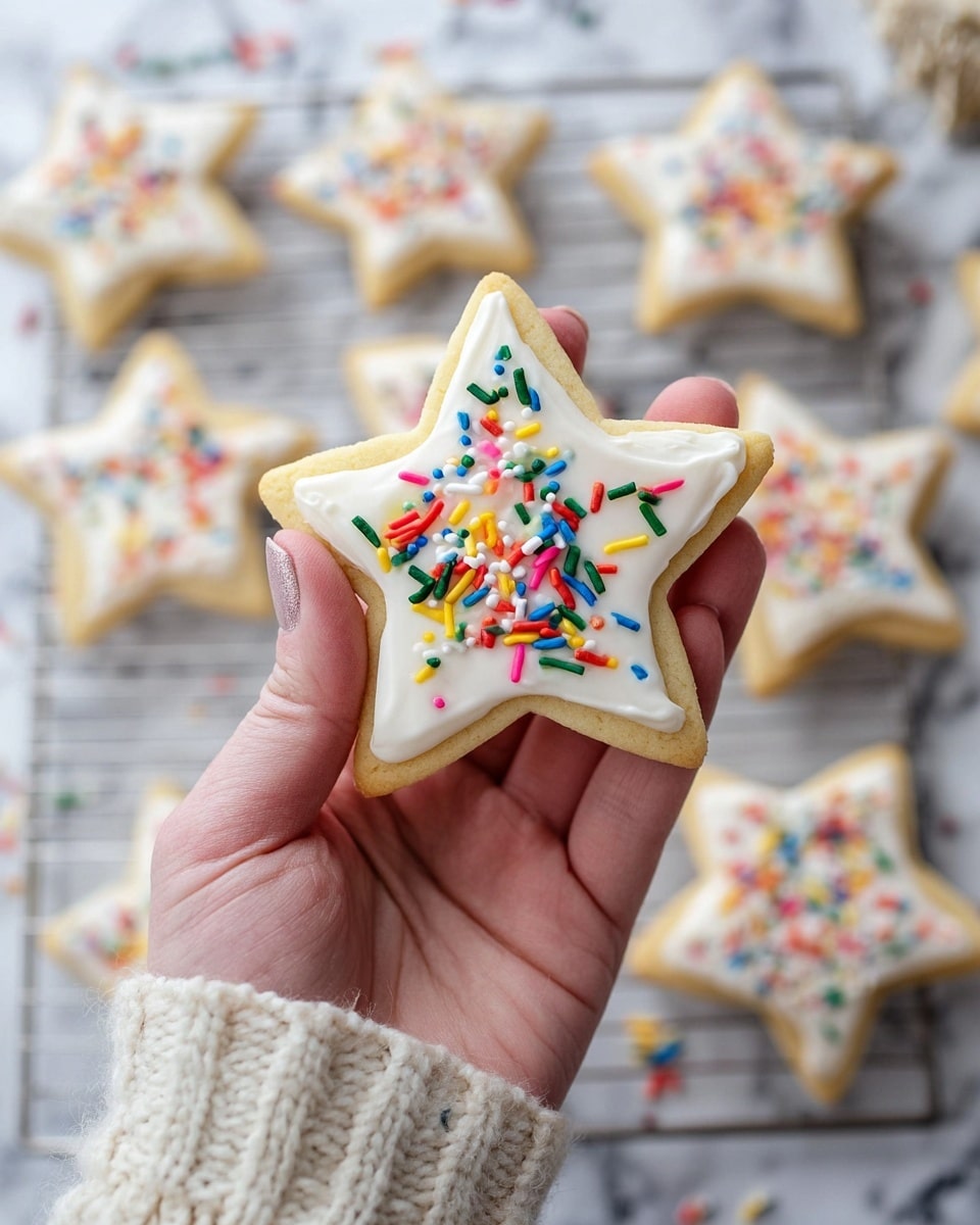 A woman’s hand holds a star-shaped cookie with a light golden-brown base layer. The cookie is topped with a smooth layer of white icing that covers the entire top surface, and colorful, small, rod-shaped sprinkles in red, yellow, green, blue, orange, and pink are scattered on the icing. In the background, multiple similar cookies with the same decoration are placed on white cooling racks over a white marbled texture. The woman is wearing a cream-colored knitted sleeve. Photo taken with an iphone --ar 4:5 --v 7