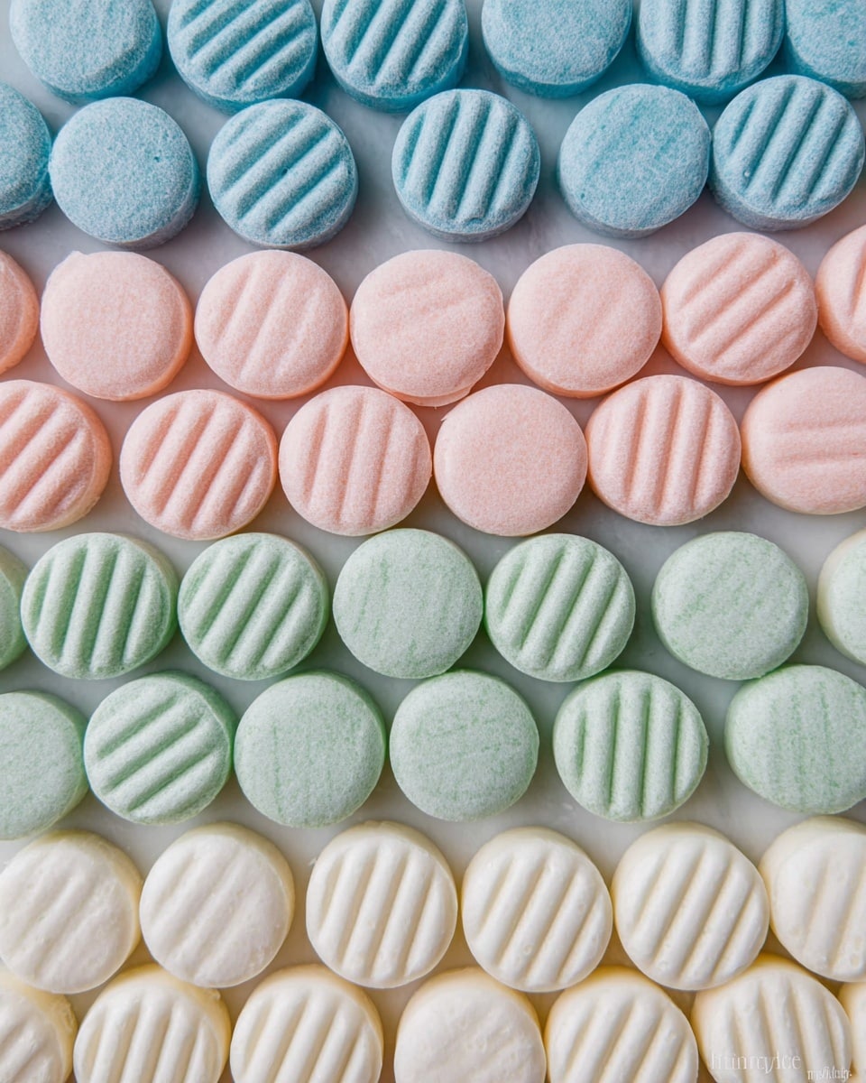 The image shows many round, flat candies arranged in horizontal groups by color on a white marbled surface. There are four layers of candy: the top layer is sky blue, the second layer is soft pink, the third layer is light green, and the bottom layer is creamy white. Each candy has three evenly spaced vertical grooves on its surface, giving it a textured look. The candies have a smooth, slightly matte finish and are overlapping slightly in a neat pattern. photo taken with an iphone --ar 4:5 --v 7