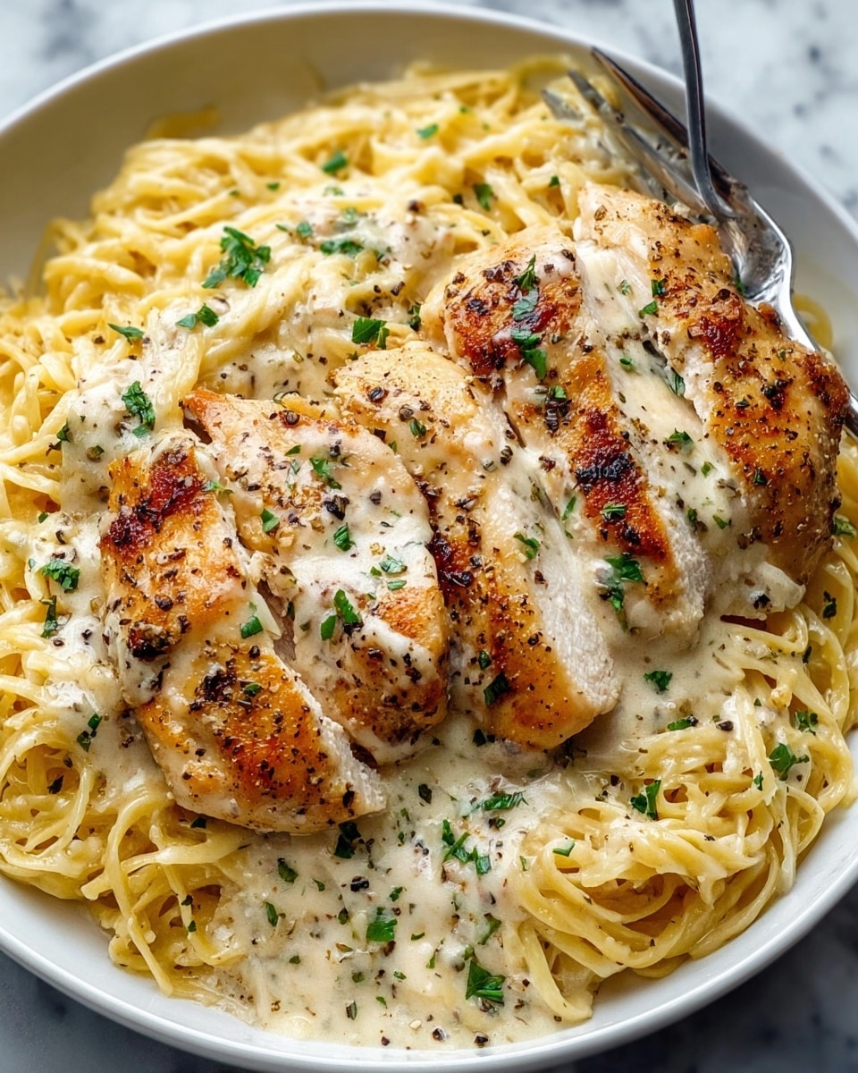 This dish shows a white plate filled with a bottom layer of creamy yellow pasta strands, soft and coated with sauce. On top, there are four pieces of browned chicken breasts with a light crispy texture, covered partially with a white creamy sauce that looks smooth and rich. The chicken is sprinkled with small green chopped herbs and black pepper, adding color and texture. A fork is placed near the upper right side, partially under one chicken piece. The plate sits on a white marbled surface. Photo taken with an iphone --ar 4:5 --v 7
