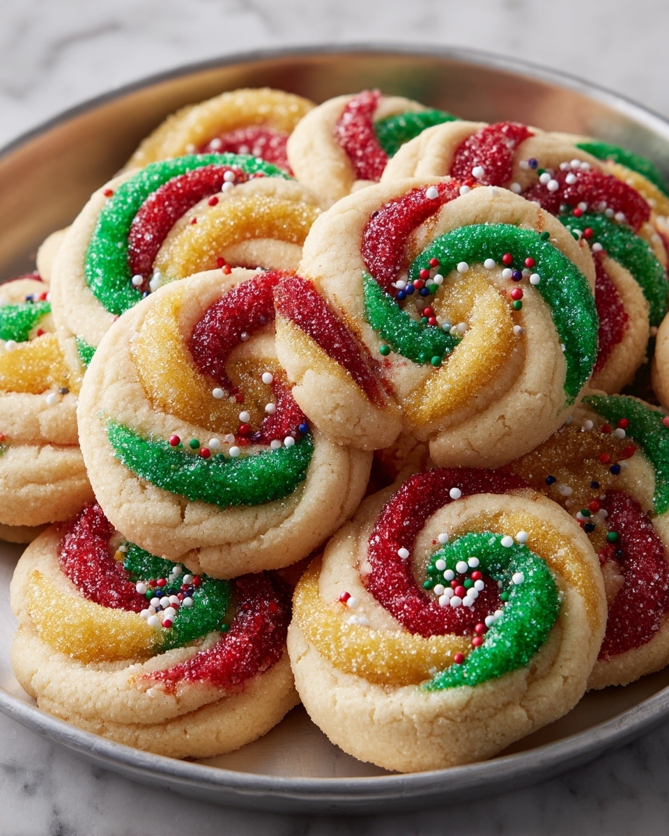 A metal tray filled with round, twisted cookies that each have three swirled layers. The first layer is a soft beige color with a smooth, slightly grainy texture. The second and third layers alternate among bright red, green, and yellow sugar crystals, giving them a sparkly, coarse look. Each cookie is decorated with small white and colored sprinkles scattered on top. The cookies are closely packed and sit on a white marbled surface. photo taken with an iphone --ar 4:5 --v 7