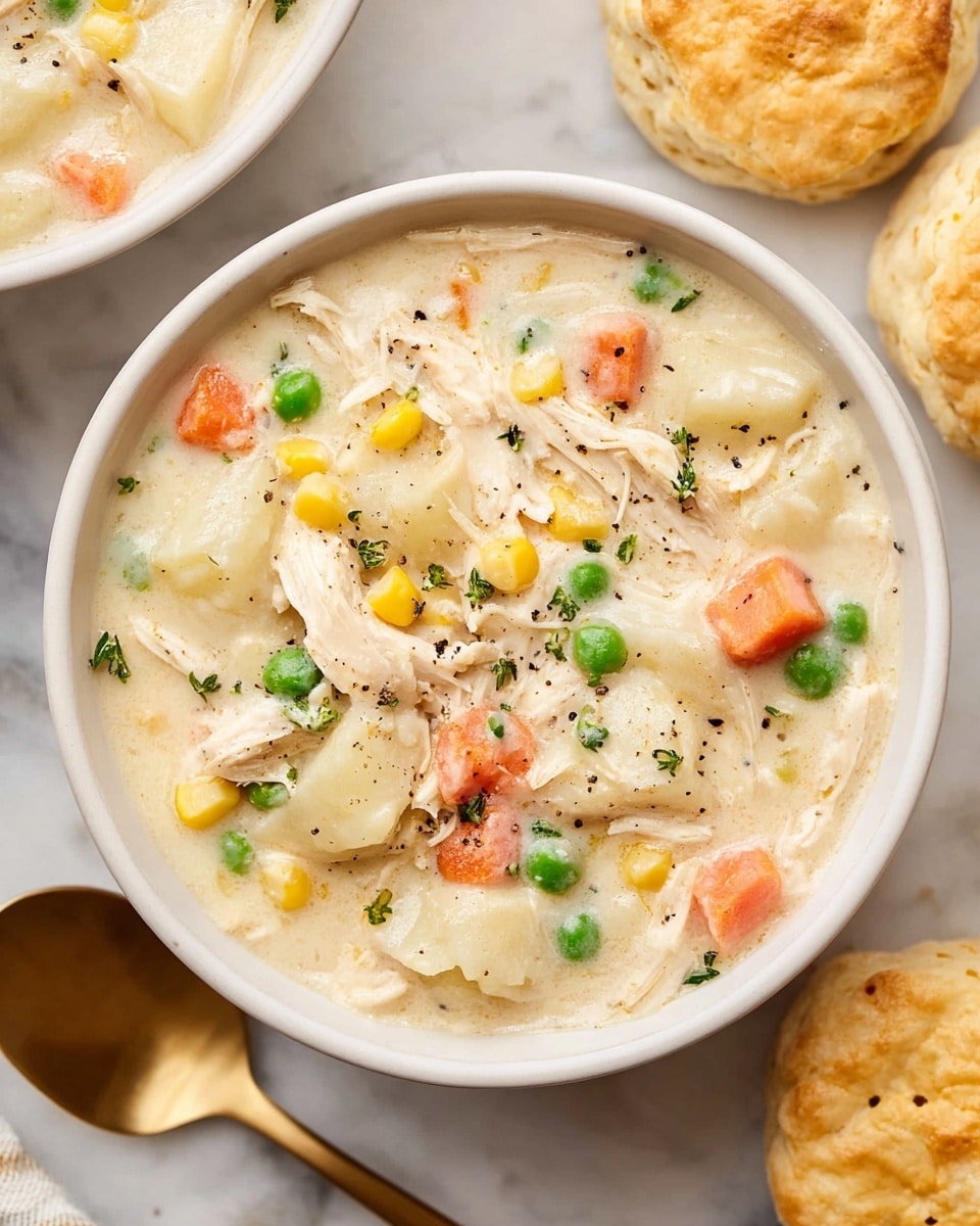 A light blue pot filled with a creamy stew that has three main layers visible: a creamy white base with specks of black pepper, mixed with diced orange carrots, green peas, yellow corn, and white potato chunks; tender white pieces of chicken are spread evenly on top showing a soft texture; the stew looks thick and smooth with a slight shine, sitting on a white cloth over a white marbled surface with a silver ladle nearby. photo taken with an iphone --ar 4:5 --v 7