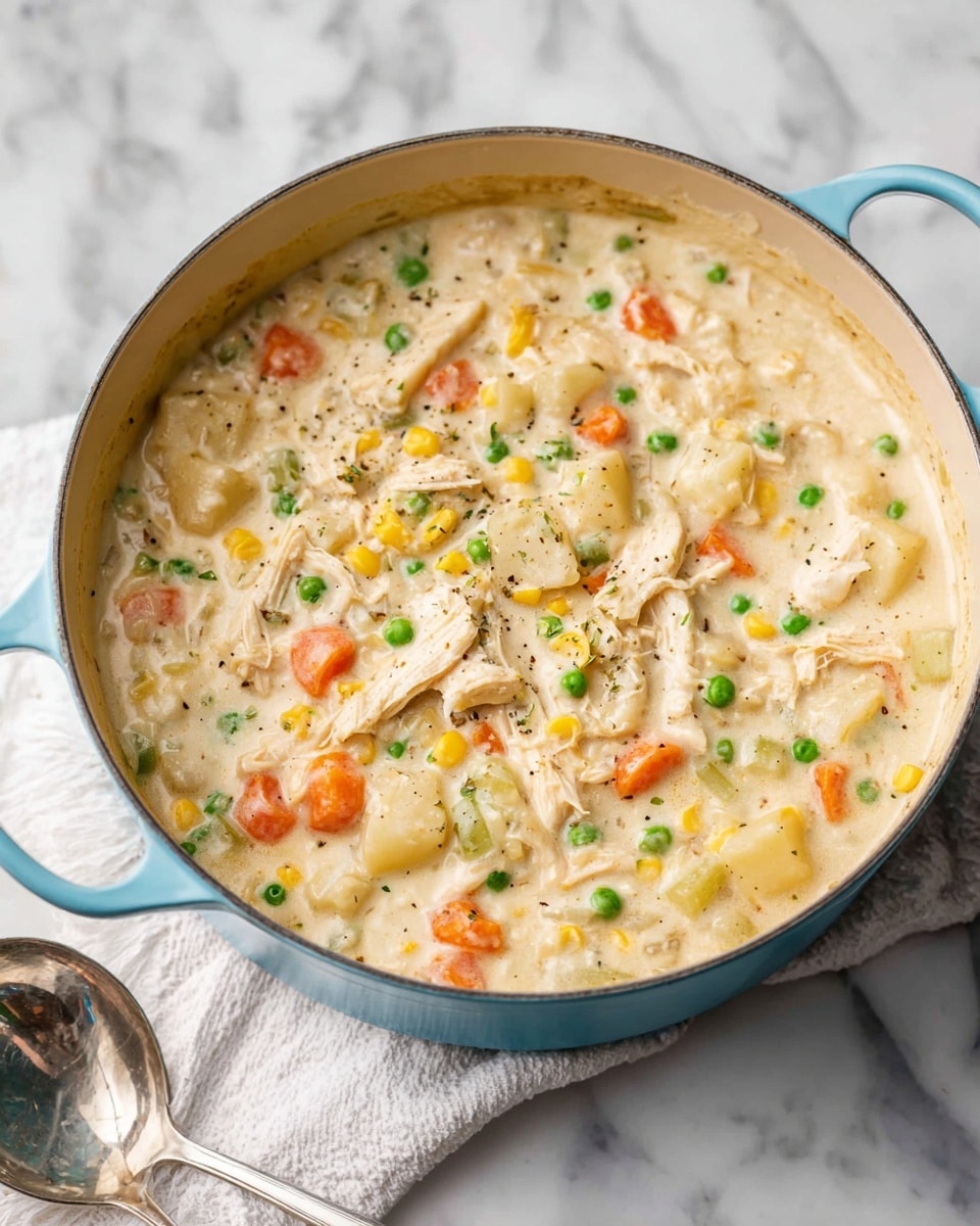 A white bowl filled with creamy chicken and vegetable soup sits on a white marbled textured surface. The soup has shredded white chicken pieces, small green peas, orange carrot chunks, yellow corn kernels, and diced potatoes in a thick, pale cream broth. There is a sprinkle of black pepper on top of the soup. Surrounding the bowl are pieces of golden biscuit and a golden spoon. The image is bright and clear, showing the smooth and chunky textures of the soup. photo taken with an iphone --ar 4:5 --v 7