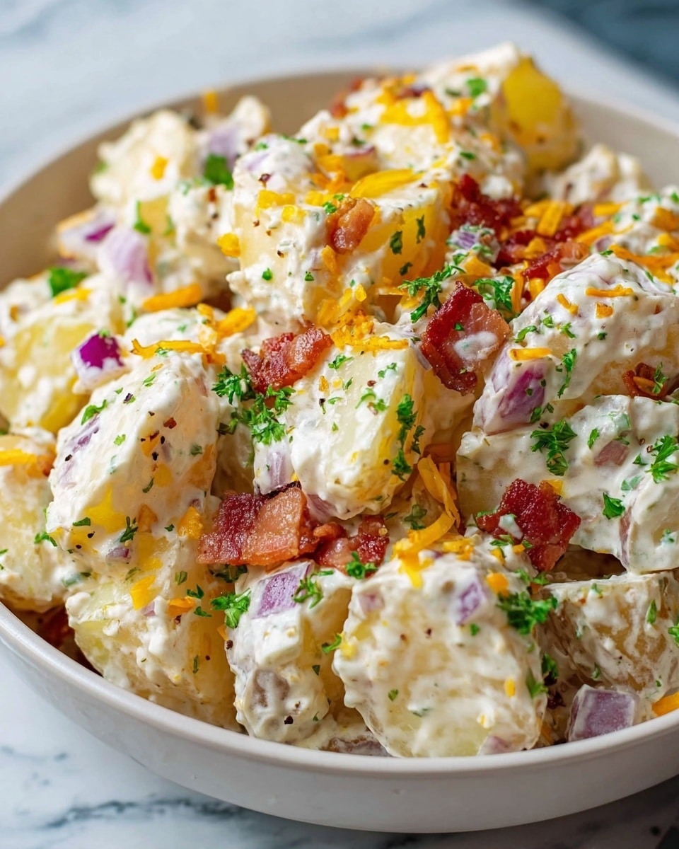 A close-up of a creamy potato salad in a white bowl, filled with chunky yellow potato pieces coated in a thick white dressing with visible specks. Mixed throughout are small bits of crispy reddish-brown bacon, finely chopped purple onion pieces, and small shredded orange cheese. The salad is sprinkled with small green parsley bits on top, all sitting on a white marbled surface. photo taken with an iphone --ar 4:5 --v 7