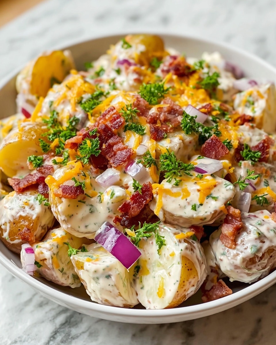 The image shows a close-up view of a white bowl filled with creamy potato salad. The bottom layer consists of golden baby potato pieces with skins on, mixed with chunky bits of reddish-brown crispy bacon. Scattered throughout are small cubes of purple-red onion and thin strands of bright orange cheddar cheese. The entire dish is coated with a smooth, creamy white dressing speckled with small herbs. Fresh green parsley leaves are sprinkled on top, adding a fresh touch. The bowl sits on a white marbled surface. Photo taken with an iphone --ar 4:5 --v 7