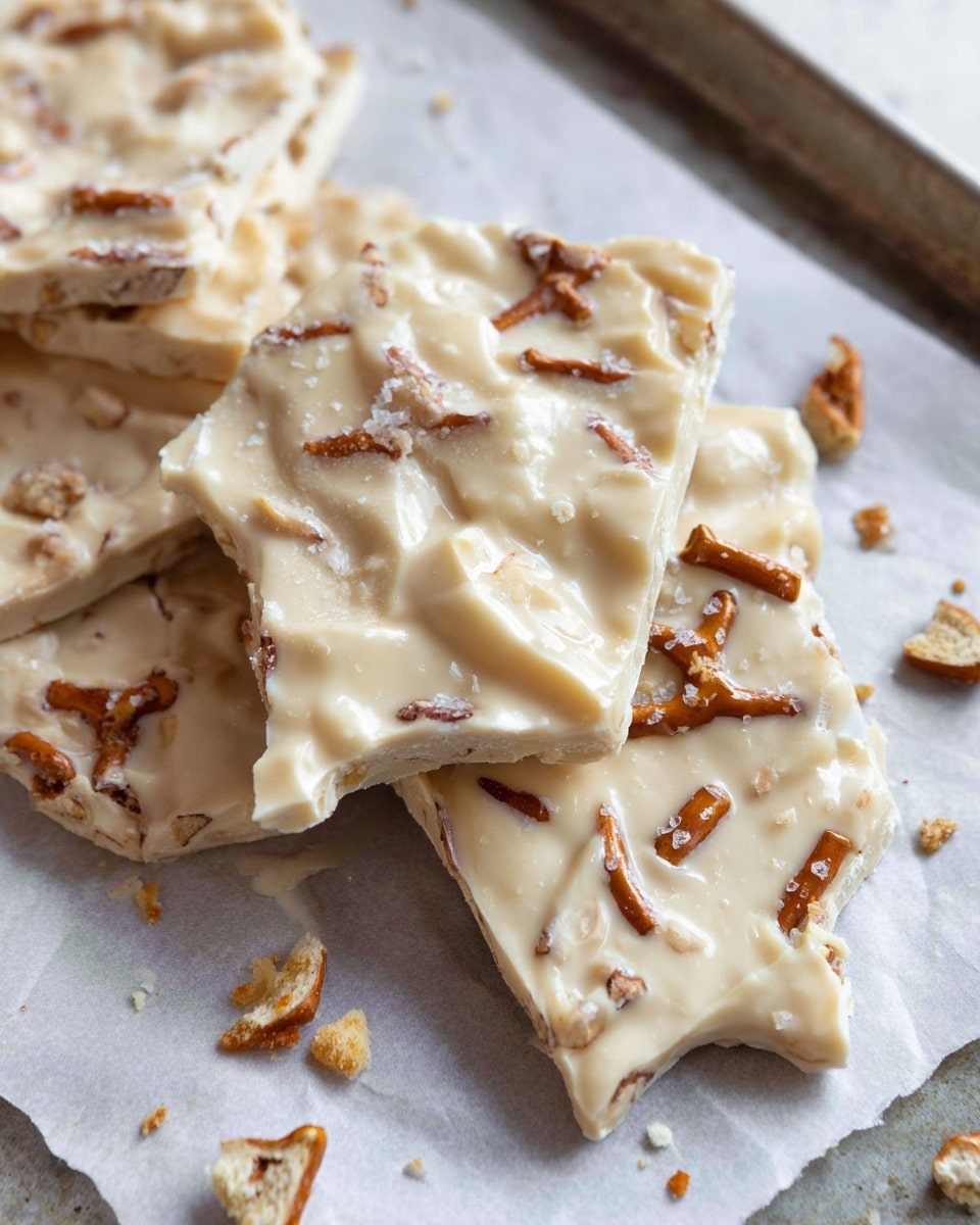 The image shows pieces of white chocolate bark with visible pretzel bits mixed throughout. The bark is thick and unevenly shaped with a creamy white color, and the brown pretzel pieces add rough texture and contrast. The bark rests on white parchment paper placed on a tray, with some broken pretzel bits scattered around. The overall look is a close-up view highlighting the smooth but bumpy surface with embedded crunchy pretzels. photo taken with an iphone --ar 4:5 --v 7