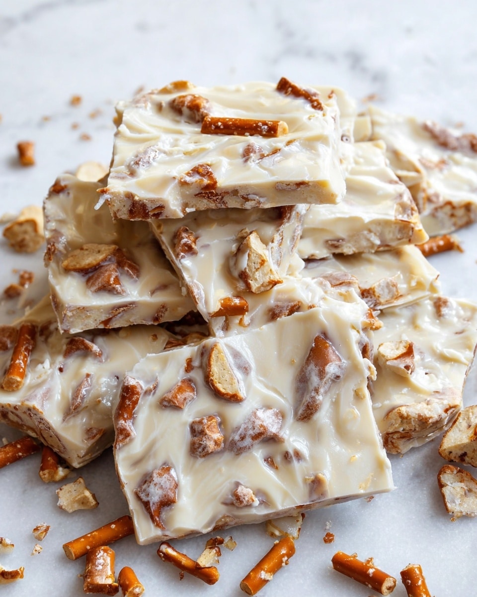 The image shows several square-shaped pieces of brittle covered in a light, creamy white layer mixed with small broken pieces of brown pretzel sticks embedded throughout. The creamy layer looks smooth but has a swirled texture with some larger and smaller chunks of pretzel distributed unevenly on top and inside. The brittle pieces are stacked casually on a white marbled surface, with some broken pretzel bits scattered around, adding a crunchy detail. Photo taken with an iphone --ar 4:5 --v 7