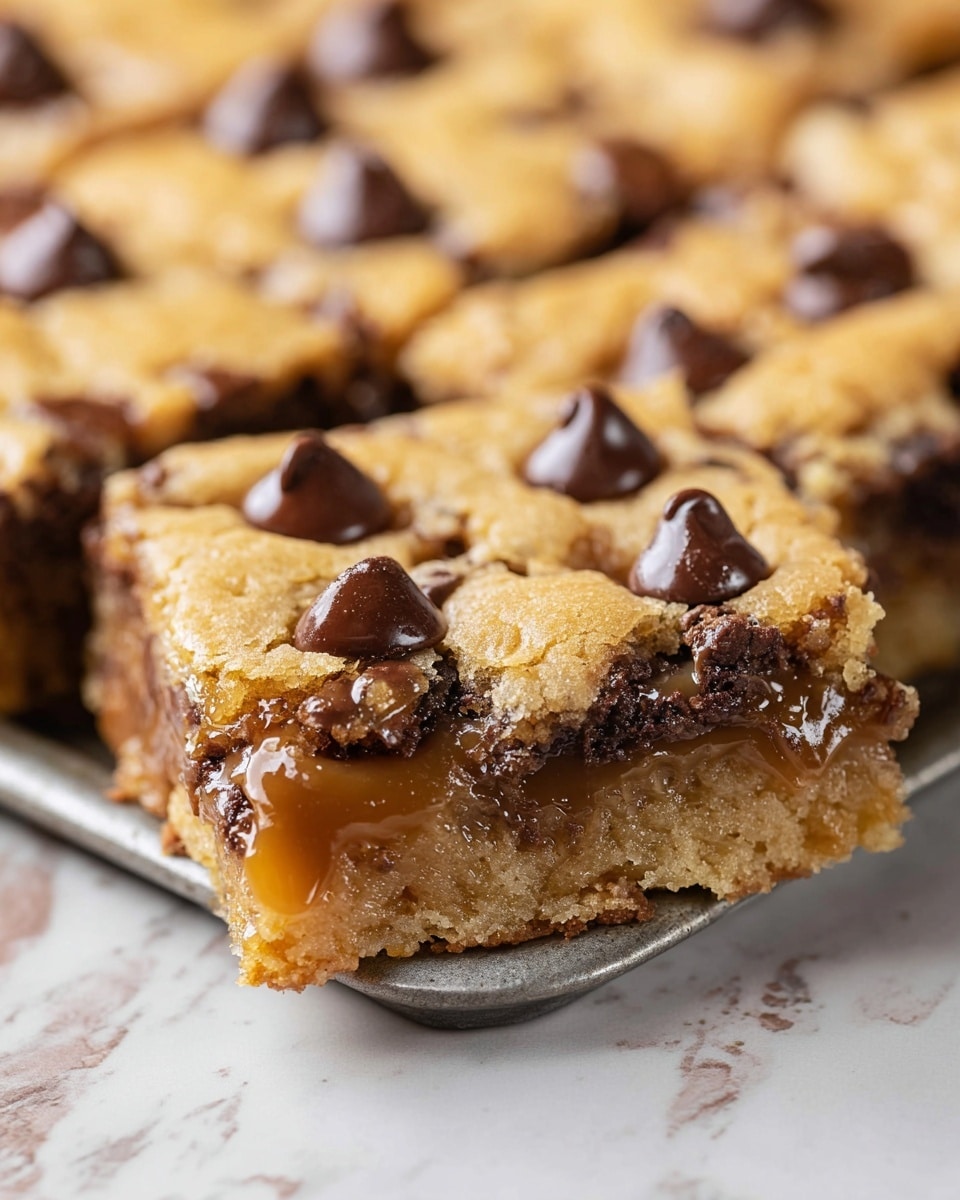 A close-up view of a thick cookie bar cut into squares. The bottom layer is a light golden brown cookie base with a soft and crumbly texture. The middle layer is gooey caramel mixed with dark chocolate chips that look melted and sticky. The top layer is a slightly cracked golden cookie crust with several large, shiny dark chocolate chips scattered on top. The bar is set in a light gray metal pan on a white marbled texture surface. Photo taken with an iphone --ar 4:5 --v 7
