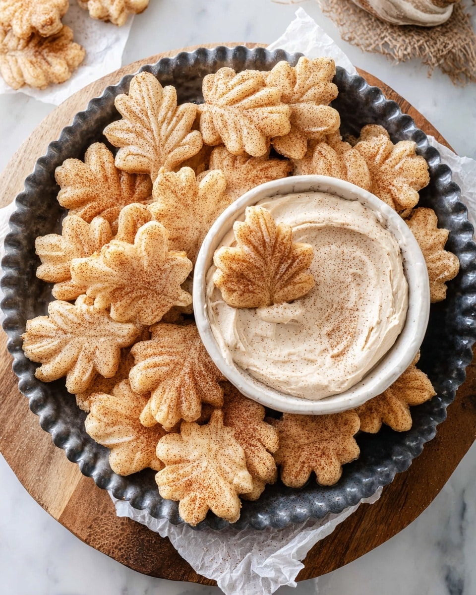 A dark fluted round plate is filled with light golden leaf-shaped cookies sprinkled with cinnamon sugar, each cookie showing detailed leaf veins. In the center of the plate, a white bowl is filled with a creamy, light beige dip that has subtle swirls, topped with one of the same leaf-shaped cookies dusted with cinnamon. The plate sits on a wooden round board, and the whole setup rests on a white marbled surface with a piece of crumpled white parchment paper underneath. Photo taken with an iphone --ar 4:5 --v 7