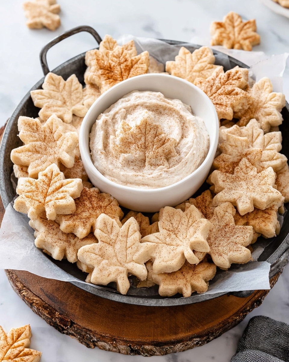 A dark metal plate filled with many small leaf-shaped cookies stacked over each other around a white bowl of creamy dip in the middle; the cookies are pale with a dusting of cinnamon or brown spice giving them a textured look, each cookie showing detailed veins like real leaves; the creamy dip is light beige with a smooth swirled surface topped by a single leaf cookie; the plate is placed on a white marbled textured surface with a wooden base and white paper underneath, some cookies scattered outside the plate, photo taken with an iphone --ar 4:5 --v 7