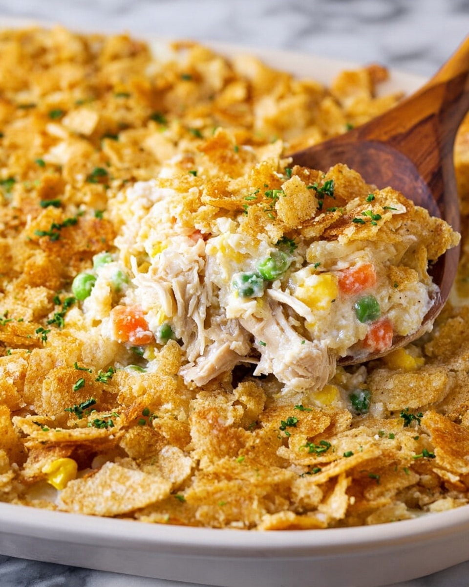A close-up of a casserole dish with a crispy, golden brown top layer made of crushed crackers or breadcrumbs sprinkled with small green herb pieces. Underneath the crunchy top, there is a creamy white layer mixed with small bits of colorful vegetables like green peas, orange carrots, and yellow corn. Inside, shredded pieces of light brown meat and white chunks of what looks like chicken are visible. The casserole is served in a white dish placed on a white marbled surface, and a wooden spoon is scooping out a portion of the casserole. Photo taken with an iphone --ar 4:5 --v 7