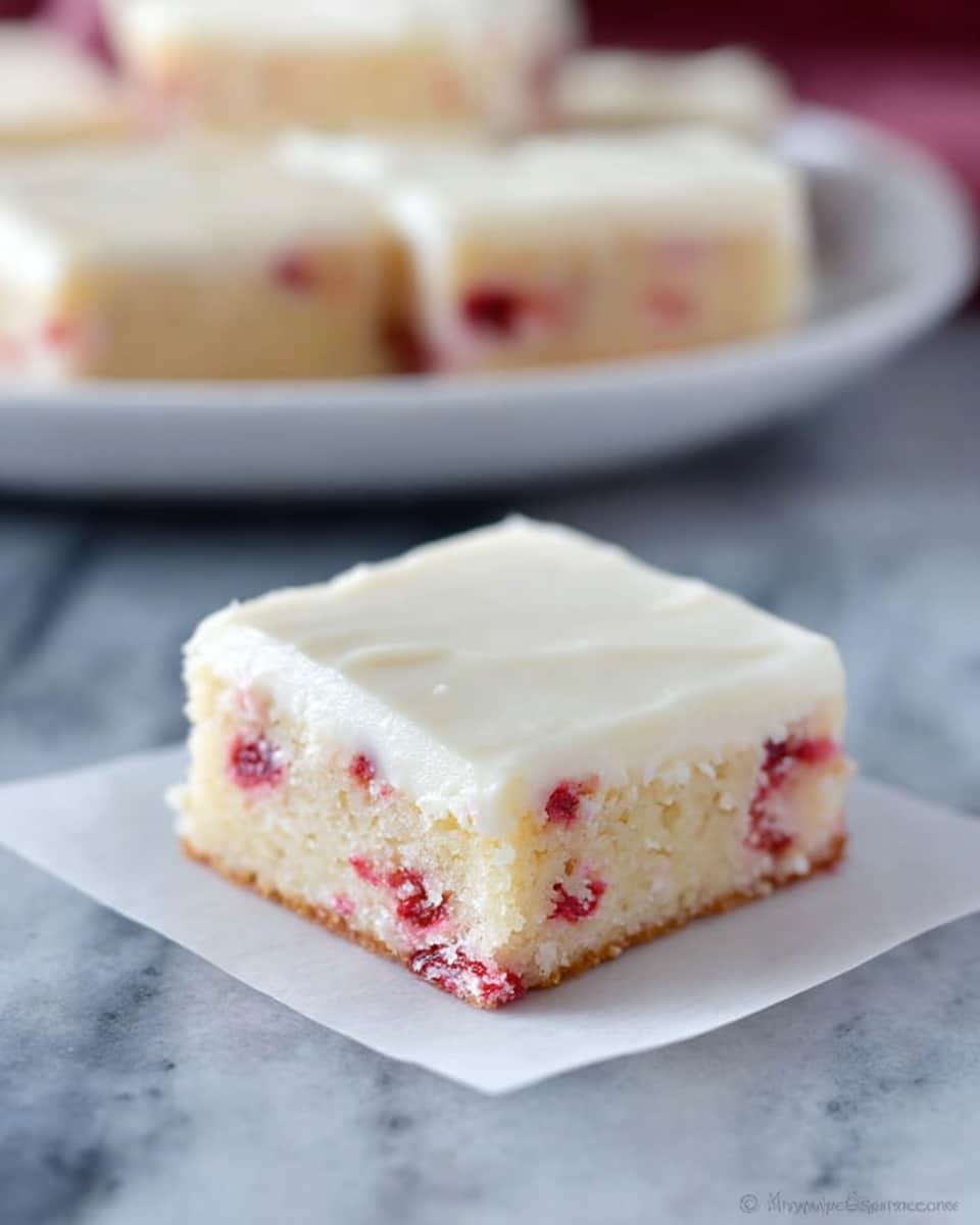 A single square piece of cake is shown with two layers. The bottom layer is light beige with small red fruit pieces spread inside, giving it a soft and slightly crumbly texture. The top layer is creamy white frosting, smooth and thick, covering the whole piece evenly. The cake is placed on a small square piece of white parchment paper on a surface with a white marbled texture. In the blurry background, there is a white plate filled with similar cake pieces. photo taken with an iphone --ar 4:5 --v 7