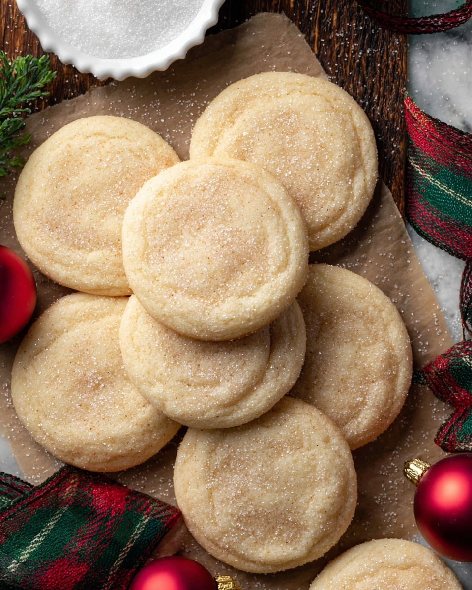 The image shows several light tan cookies with a soft, slightly crumbly texture, arranged closely together on a white marbled surface. One cookie in the center has a bite taken out of it, revealing a tender and slightly dense inside that matches the cookie's outer color. The tops of the cookies have a dusting of fine sugar crystals, giving a subtle sparkle and texture contrast. In the background, there is a blurred red ornament and a plaid ribbon in red, green, and blue tones, adding a festive touch. Photo taken with an iphone --ar 4:5 --v 7