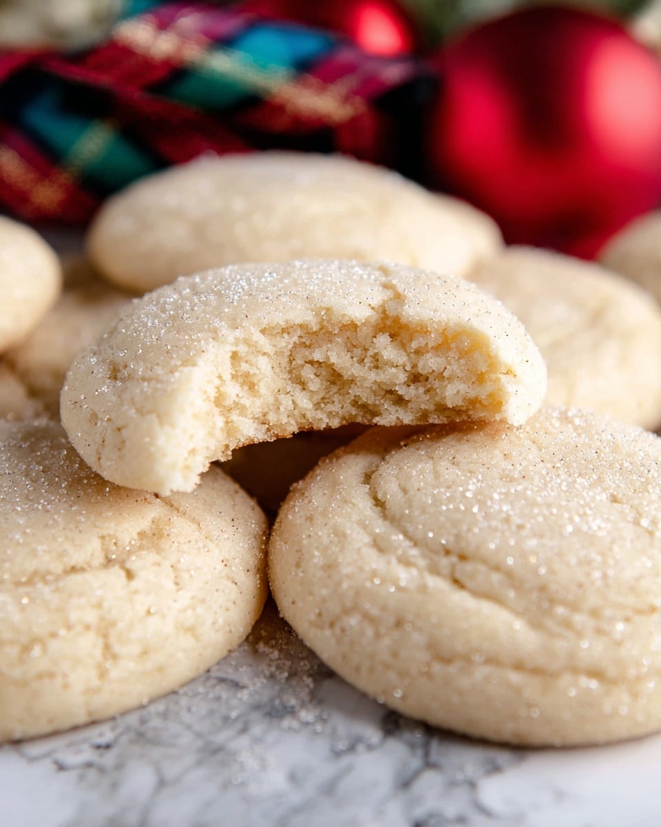 A group of round, pale golden sugar cookies with a soft and slightly textured surface, each cookie sprinkled lightly with granulated sugar that catches the light. The cookies are arranged close together on a piece of brown parchment paper, placed on a dark wood surface with a white marbled texture added. Nearby is a small white scalloped bowl filled with granulated sugar. Red and green plaid ribbons and shiny red Christmas ornaments are scattered around to add a festive touch. Photo taken with an iphone --ar 4:5 --v 7