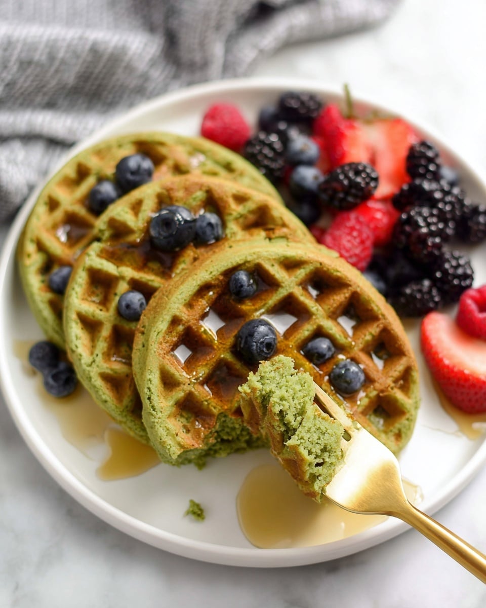 A white plate holds three round green waffles stacked slightly overlapping, each with a golden brown grid pattern and syrup pooling in the indentations, topped with a few scattered blueberries. On the right side of the plate, there is a fresh mix of strawberries, blueberries, blackberries, and raspberries, adding a burst of red, blue, and black colors. A golden fork lifts a small bite of the front waffle, showing a soft green inside texture with a bit of syrup dripping over the plate. The plate is set on a white marbled surface with a hint of a grey and white cloth underneath. photo taken with an iphone --ar 4:5 --v 7