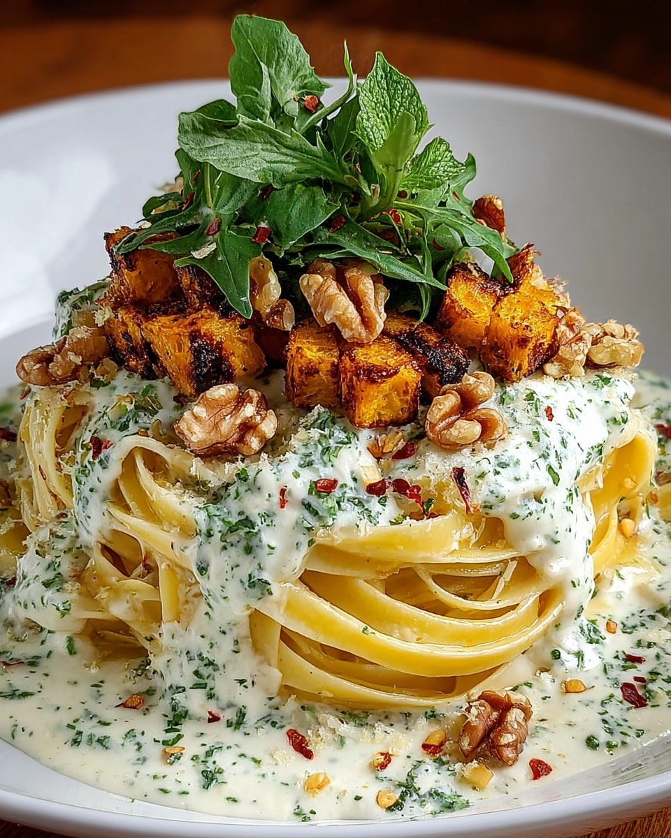 A white plate holds a serving of fettuccine pasta, with a light yellow color and smooth texture, coiled neatly in a mound as the first layer. The second layer is a creamy white sauce with green herb flakes that covers the top of the pasta and drips slightly down the sides. On top of the sauce, the third layer has crispy, golden-brown fried cubes with a slightly charred texture, scattered evenly. Small pieces of crushed walnuts with a light brown color are placed among the cubes. The dish is garnished with fresh green herbs and leaves at the very top, adding a touch of brightness and freshness. Some red chili flakes and grated white cheese are sprinkled over everything, creating a mix of colors and textures. Photo taken with an iphone --ar 4:5 --v 7