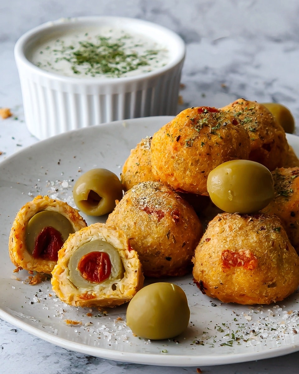 The image shows a white plate with seven golden-brown baked snacks that have a rough, slightly cracked texture. One snack is cut in half to reveal a stuffed green olive with a red pimento center inside. Whole green olives with red pimentos are scattered on the plate among the snacks. In the background, there is a white ramekin filled with a white sauce topped with green herbs, all set against a white marbled surface. Some coarse seasoning is sprinkled on the plate. photo taken with an iphone --ar 4:5 --v 7